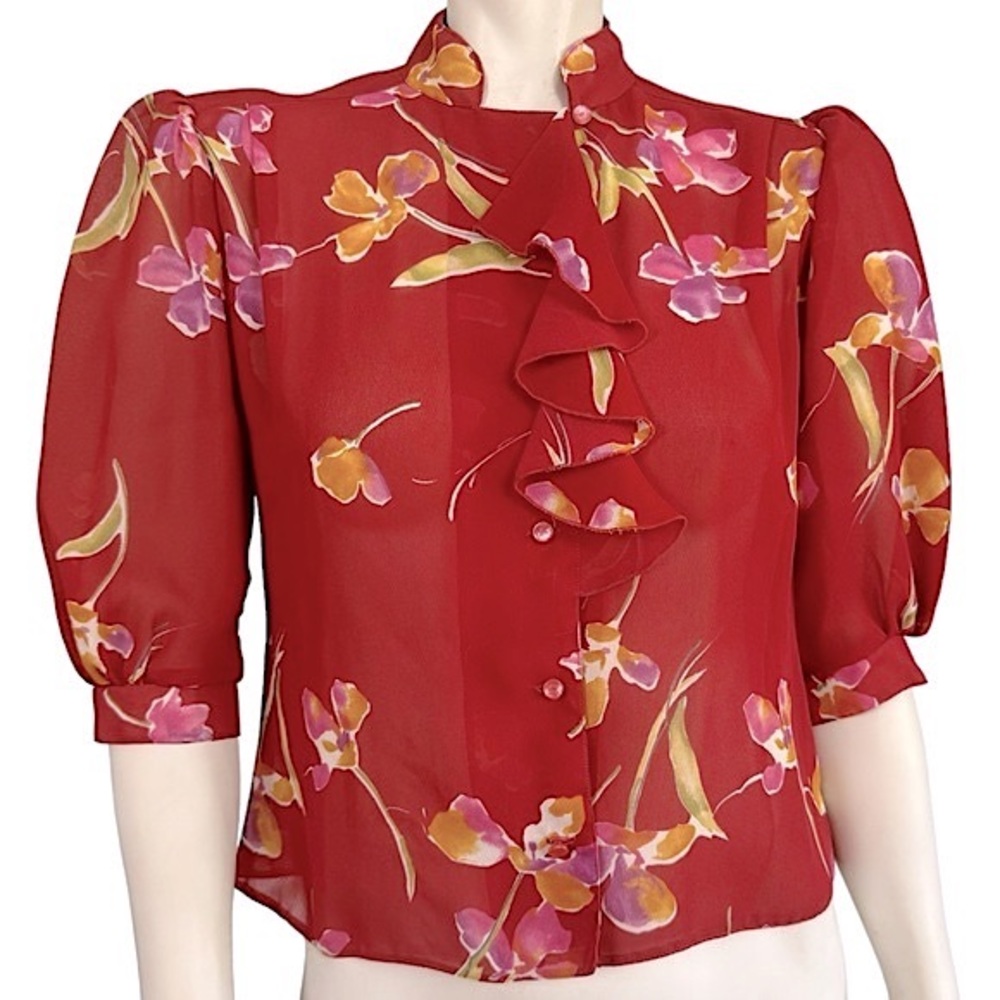 VINTAGE Sheer Brick Red Floral Ruffle Neck Short Sleeve Button Up Blouse
